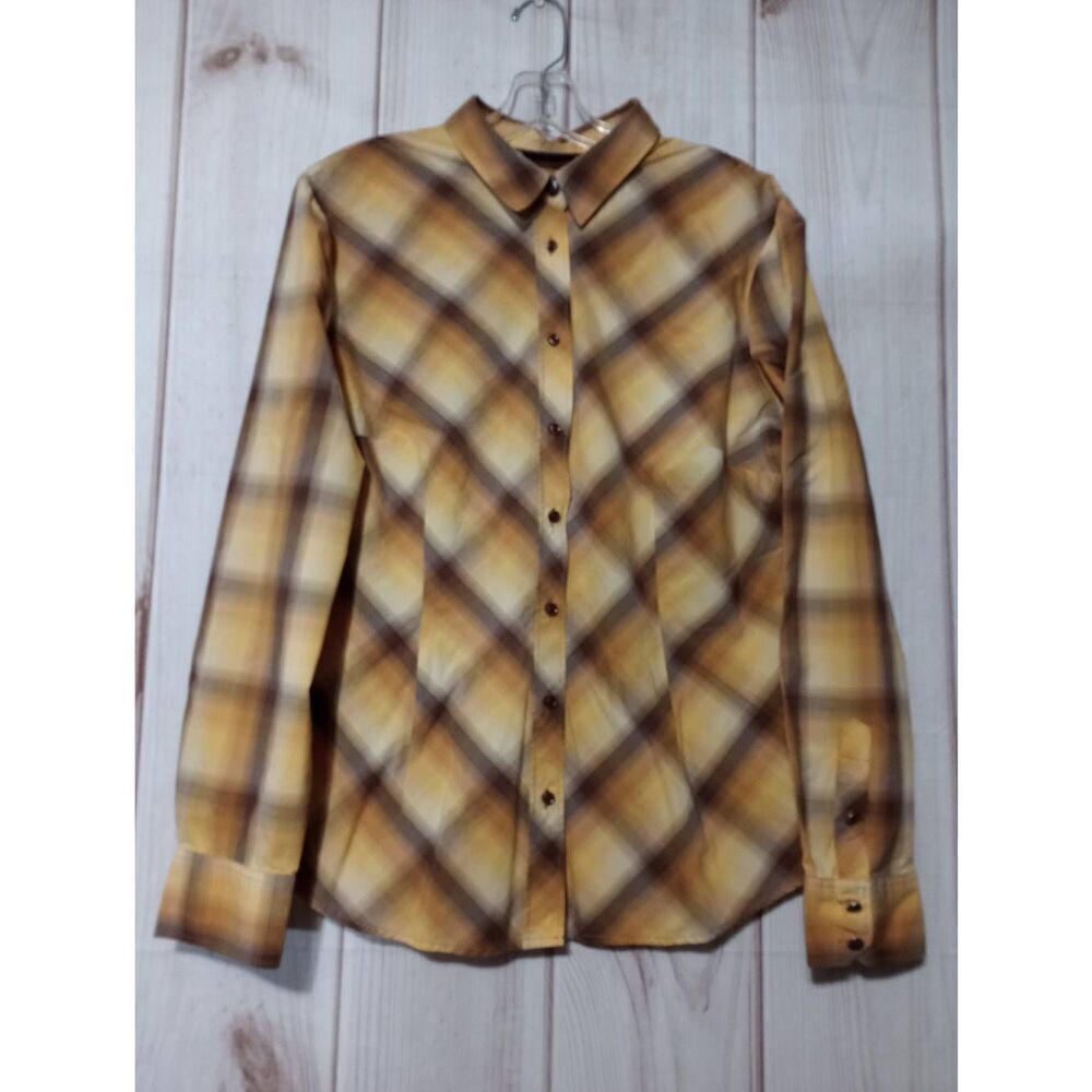 New York & Company Womens XL Yellow Plaid Stretch Button Down Shirt Long Sleeve